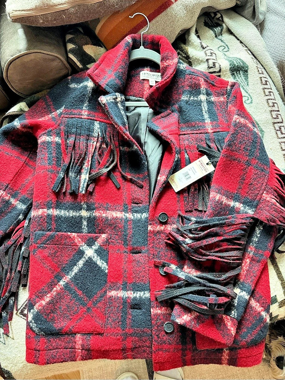 Idyllwind Plaid Fringe Jacket in Red & Black NWT